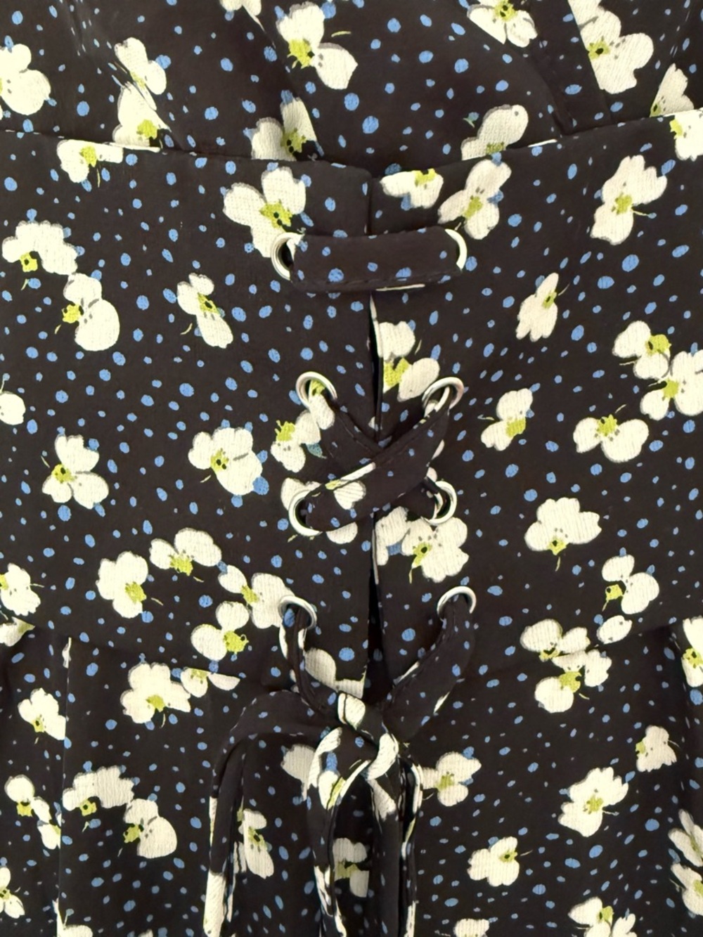 PrettyLittleThing Black w/blue polka dot Floral Ruffle Sleeve lightweight Dress - Picture 4 of 16